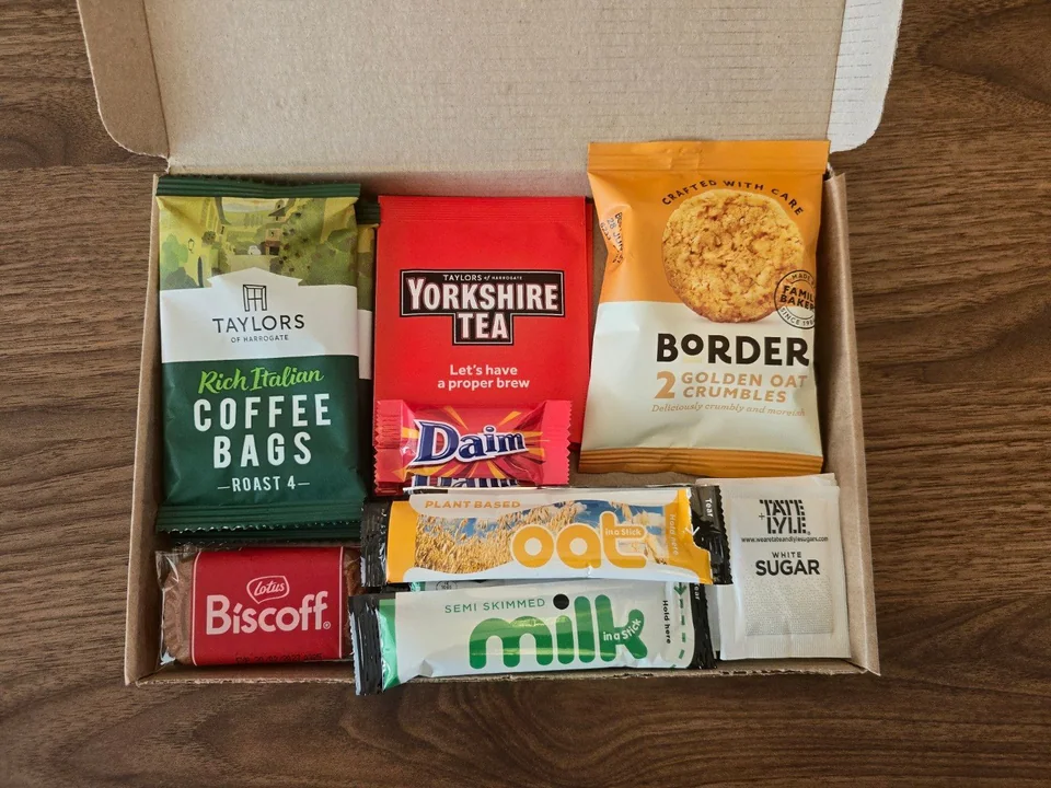 Open Brew in a Box gift with tea, coffee, biscuits and chocolate