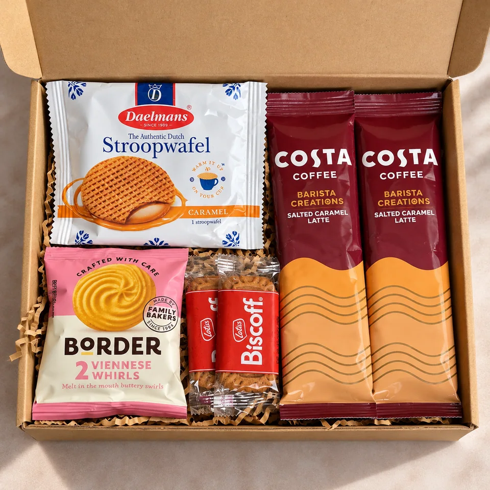 Costa coffee gift with a Daelmans stroopwafel, Border biscuits and Biscoff