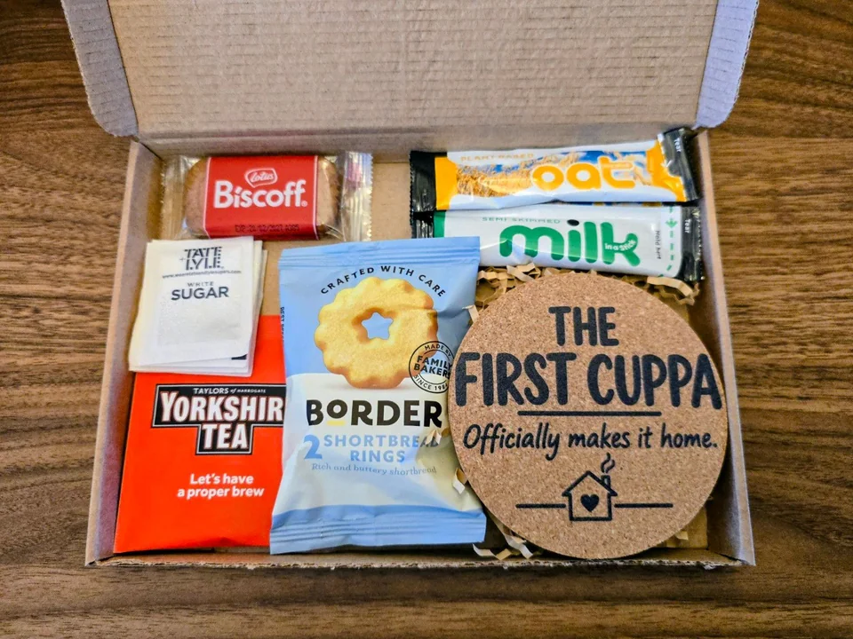 First Cuppa tea housewarming gift with a coaster, tea and biscuit treats