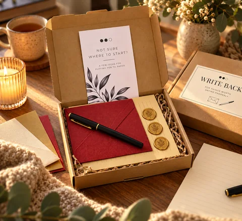 Write Back letter-writing set with wine-red stationery, pen and wax seal stickers